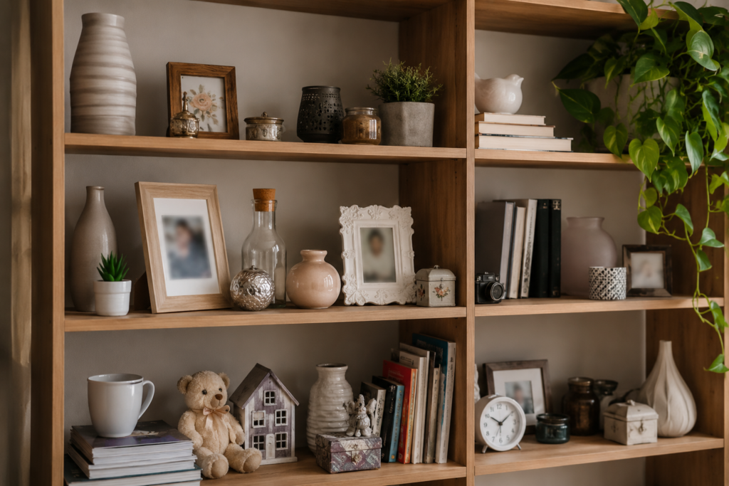 Estante com excesso de objetos de decoração