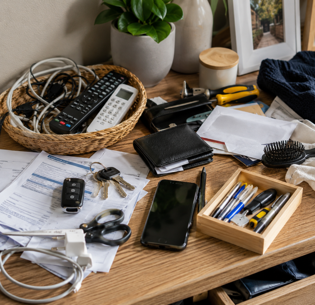 Objetos sem lugar definido acumulados sobre uma mesa