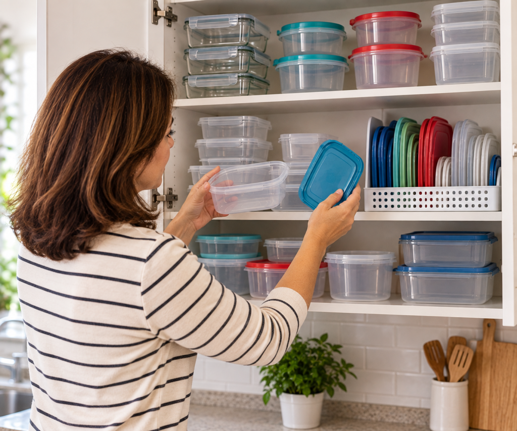 Pessoa organizando potes e tampas no armário da cozinha
