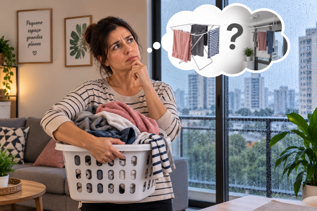 Mulher em apartamento pensando onde secar roupas em dias de chuva