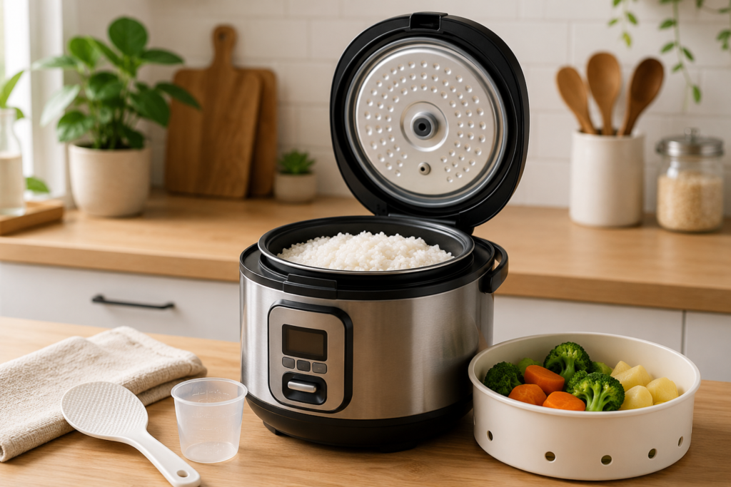 Panela elétrica de arroz com arroz pronto e cesto para cozinhar legumes no vapor