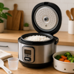 Panela elétrica de arroz com arroz pronto e cesto para cozinhar legumes no vapor