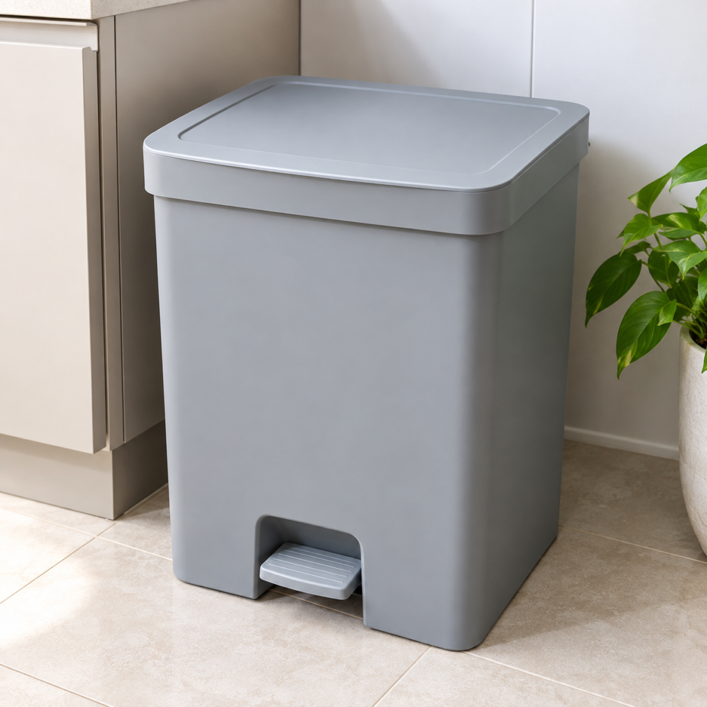 xeira retangular cinza com pedal, posicionada no chão, ao lado de um armário de cozinha moderna.
