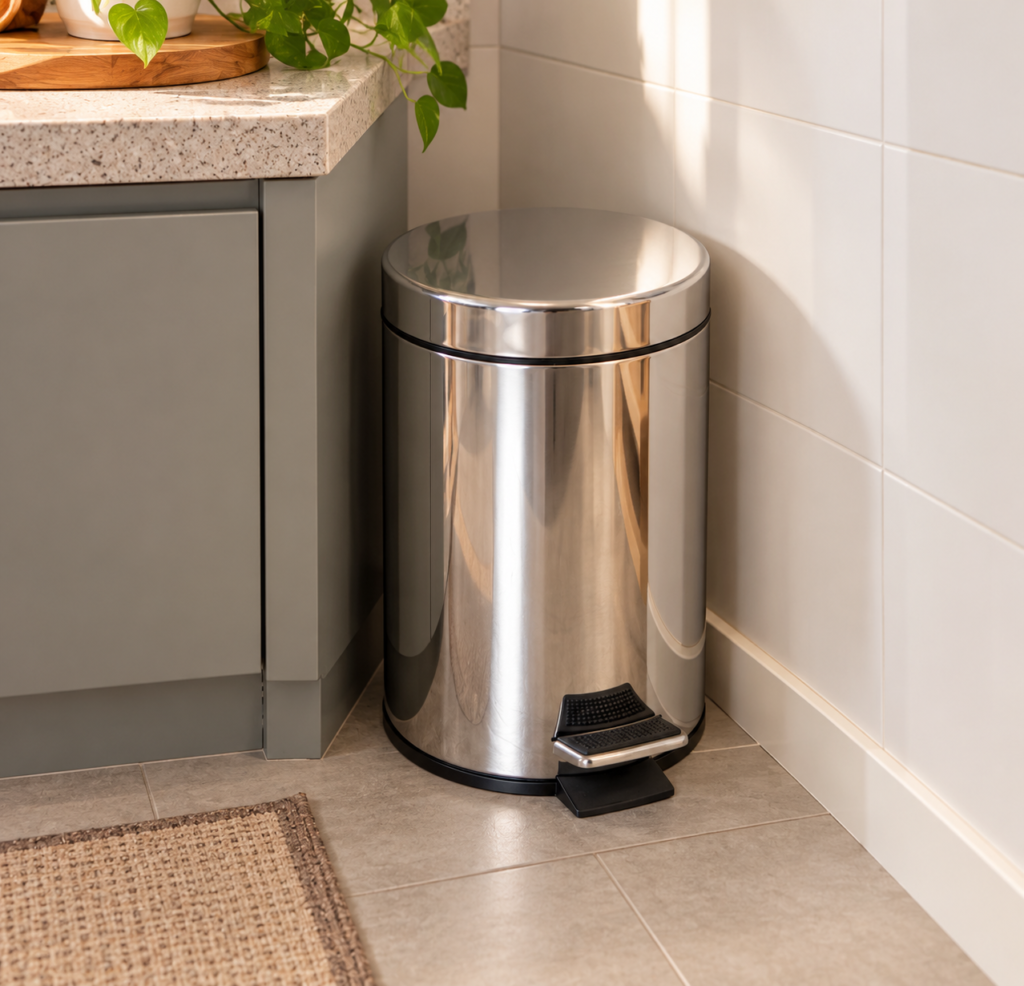 Lixeira de inox com pedal e tampa redonda, posicionada no canto de uma cozinha moderna, ao lado do armário.