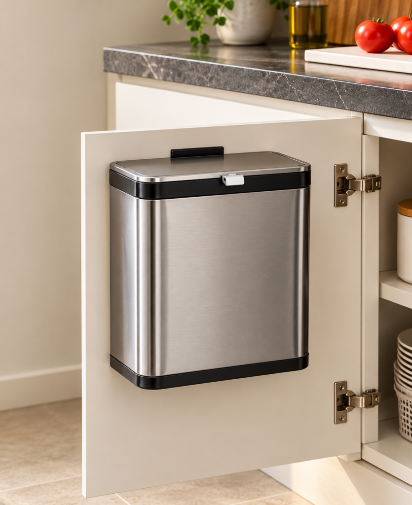 Lixeira embutida de inox instalada na parte interna da porta de um armário de cozinha moderno.